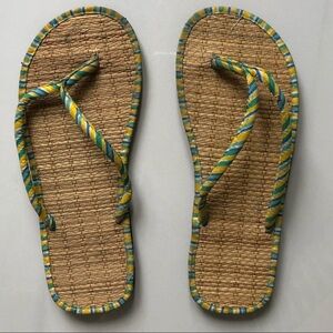 Straw Flip Flops with Blue Yellow Green Trim Size 9-10
